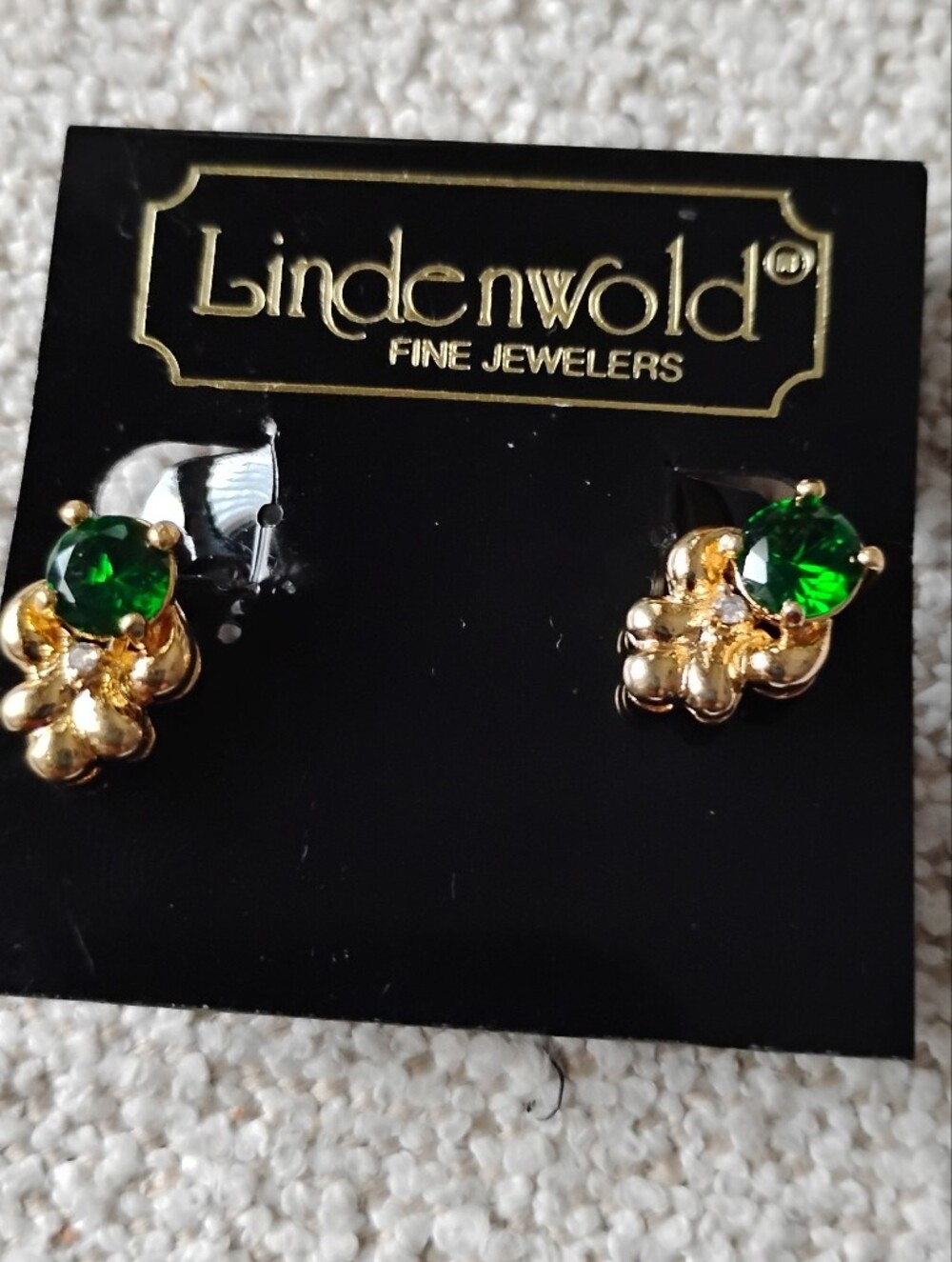 Lindenwold GoldPlated Floral Stud Clip On Earrings with Emerald Green Stones
